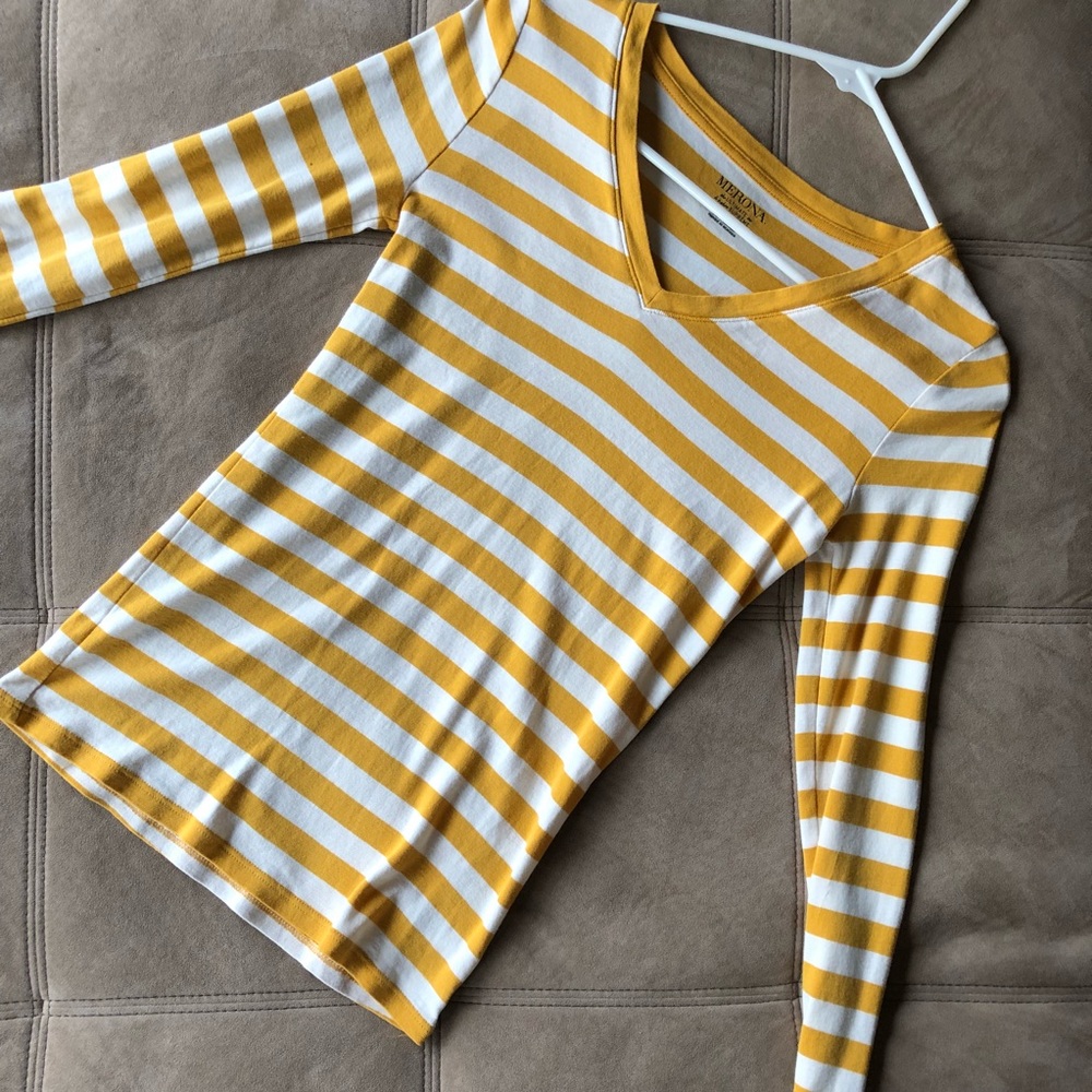 Mustard & white striped v-neck top.